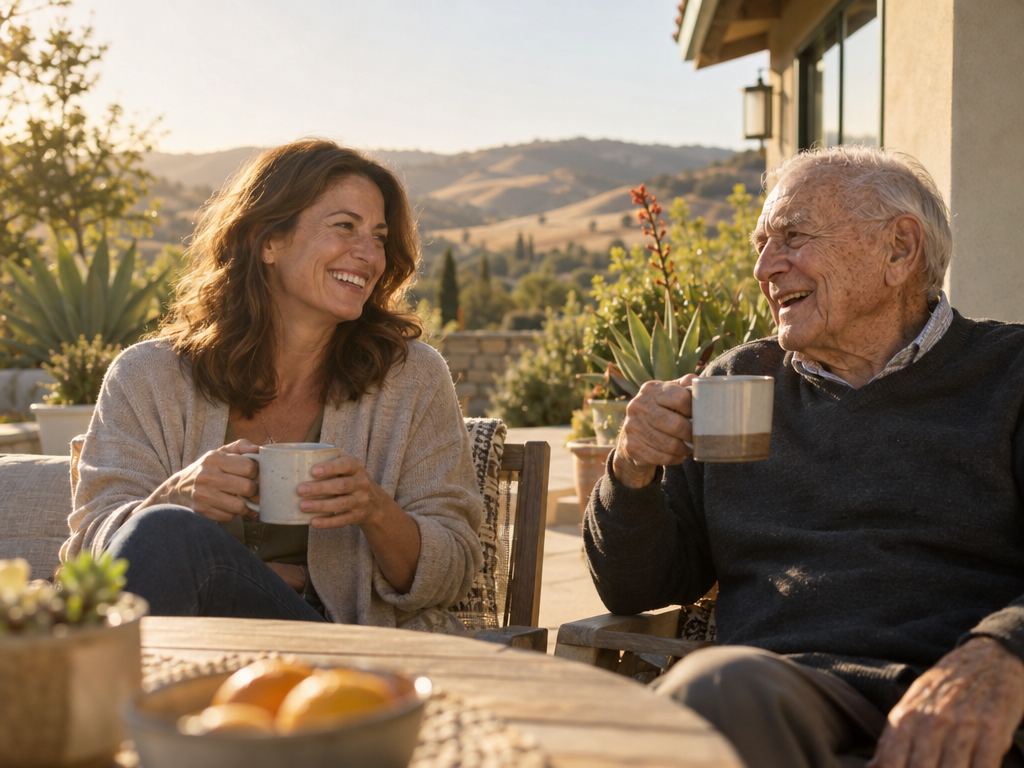 An adult daughter laughing with her elderly father on a sunny California patio