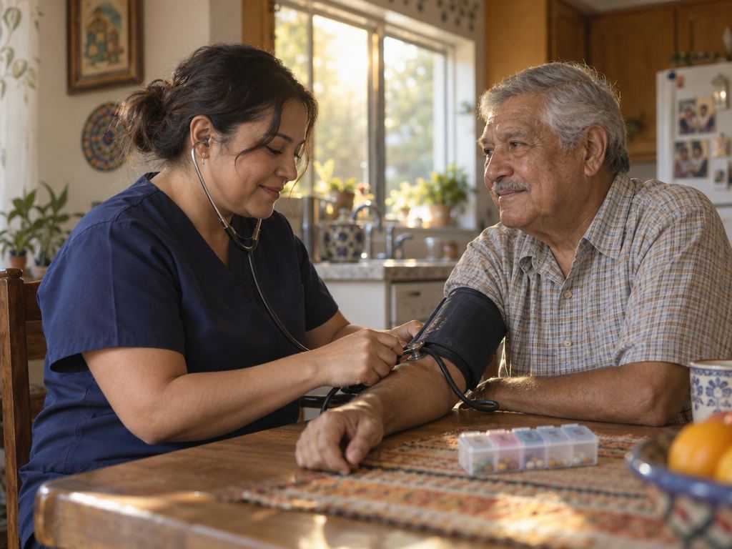 A nurse checking an older man's blood pressure at his kitchen table