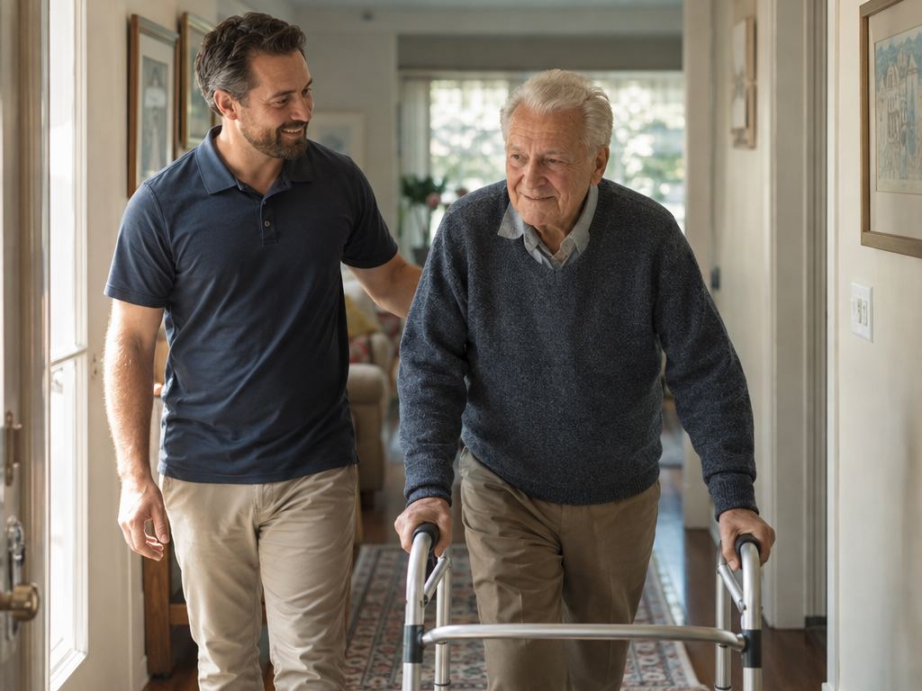 A physical therapist walking beside an older man using a walker at home